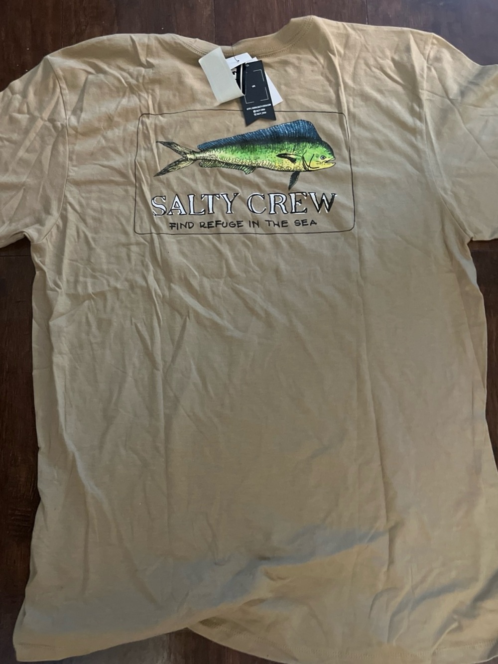 Salty Crew Tan Short Sleeve Tee with Green & Blue Mahi Graphic